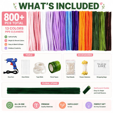 800 PCS Pipe Cleaners Bulk Flowers Kit, Pipe Cleaners Craft with Handle, 13 Colors Chenille Stems with Full Set of Tools, DIY Art Craft
