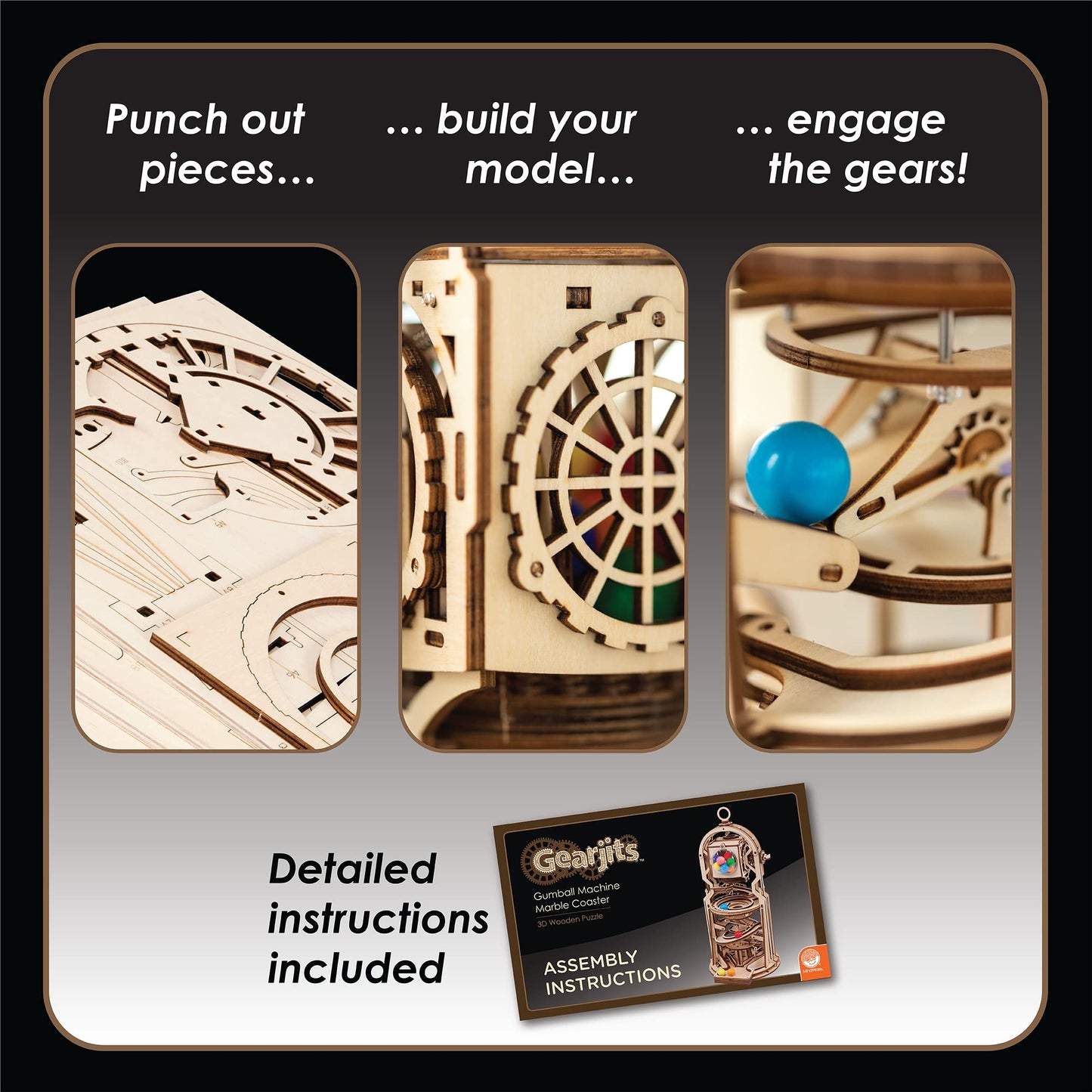 MindWare Gearjits: Gumball Machine Marble Coaster - Wooden 3D Building Puzzle for Teens & Adults - DIY STEM Building Toys for Kids - Fun for Adults