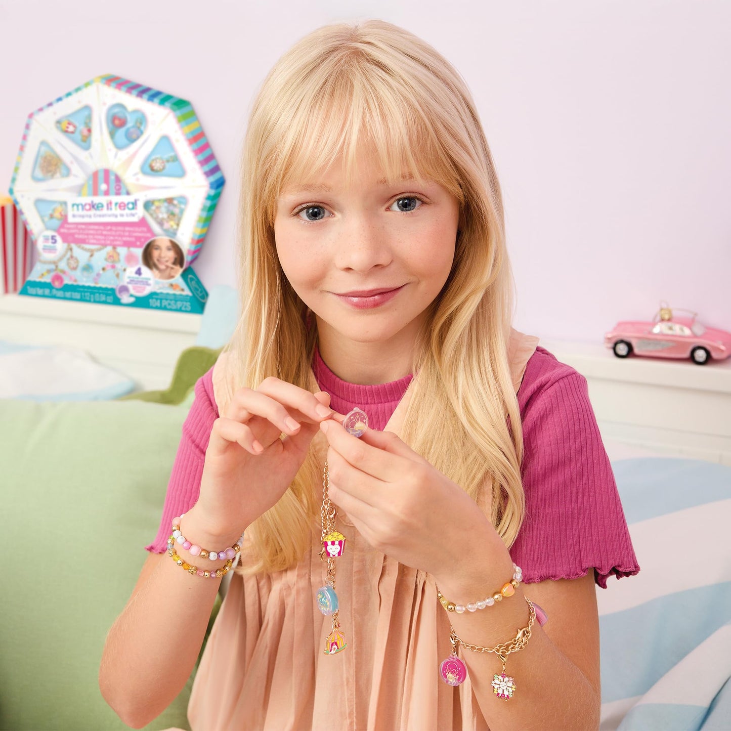 Make It Real: Sweet Spin Carnival Lip Gloss Bracelets - 104pc, DIY Jewelry Craft Kit, Design 5 Charm Chain Bracelets, Strawberry-Scented Gloss, Kid 8+