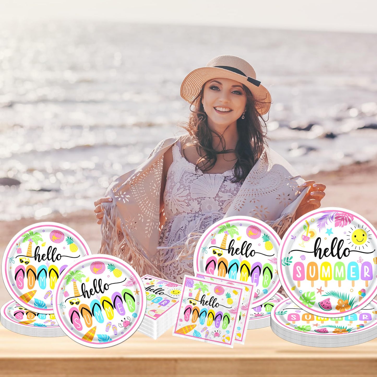 Hello Summer Party Decorations, Beach Party Supplies include Hello Summer Plates and Napkins, Disposable Dinnerware set for Hawaiian, Pool Party