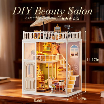 DIY Miniature House Kit Beauty Salon - 203 Piece Tiny House Dollhouse Mini Room with LED Light, Nail Art Studio & Makeup Room, Cozy Creative Craft