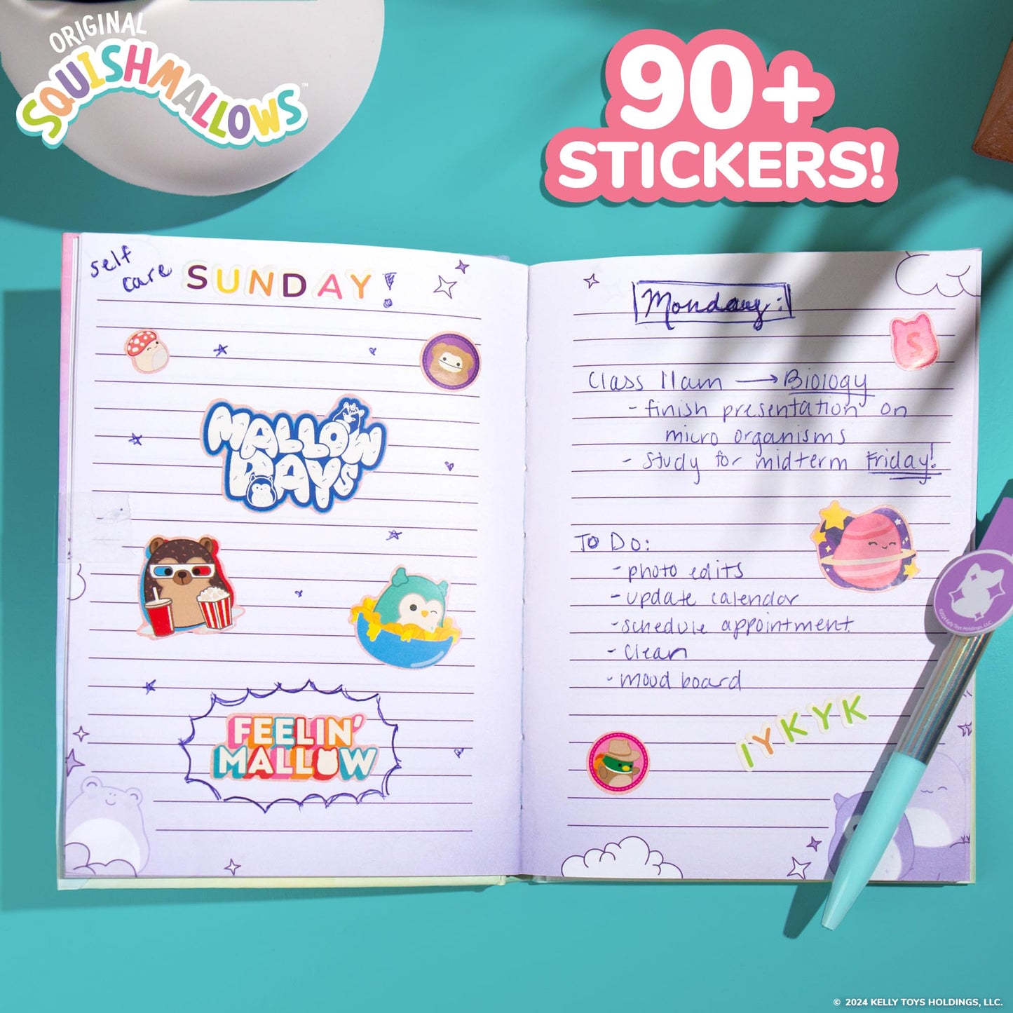 Squishmallows Original Squishy Diary Set, Includes 5 x 7 Diary, 60 Sheets, Kawaii Stickers, Pen, Fun Journaling Kit & Sketchbook for Kids, School