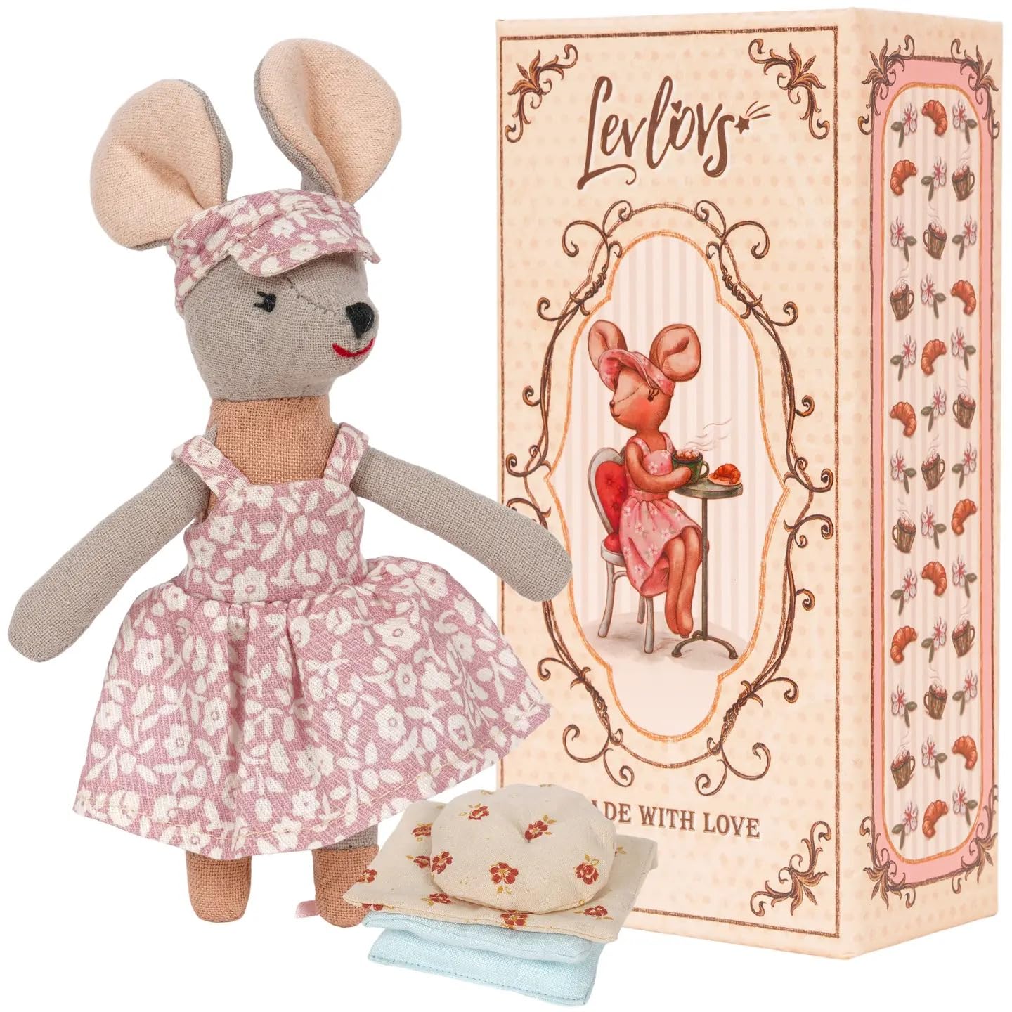 LEVLOVS Mouse Stuffed Animal Doll Croissant Lover, Floral Pink Dress, Croissant Lover Theme, Made with Love, Includes Gift Box