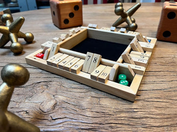 WE Games Shut the Box Wooden Board Game - Classic 4 Player Table Top Math Dice Game, Natural Wood, 8.5 in. Travel Size, 10 Numbers, for Families