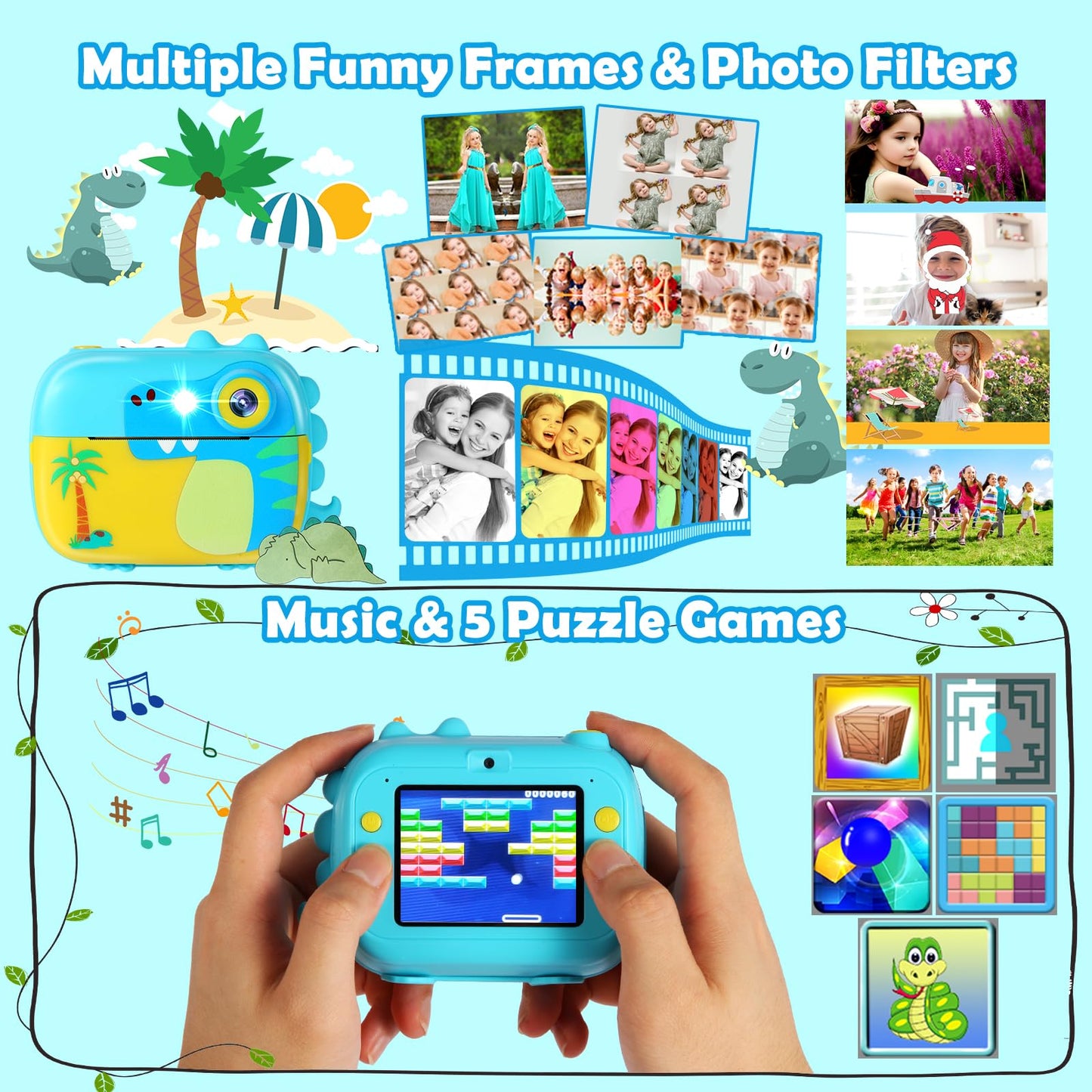 ARNSSIEN Kids Camera Instant Print with 7 Rolls Paper, 2.4" Screen Instant Camera for Kids, 1080P HD Video, Christmas Birthday Festival Present for