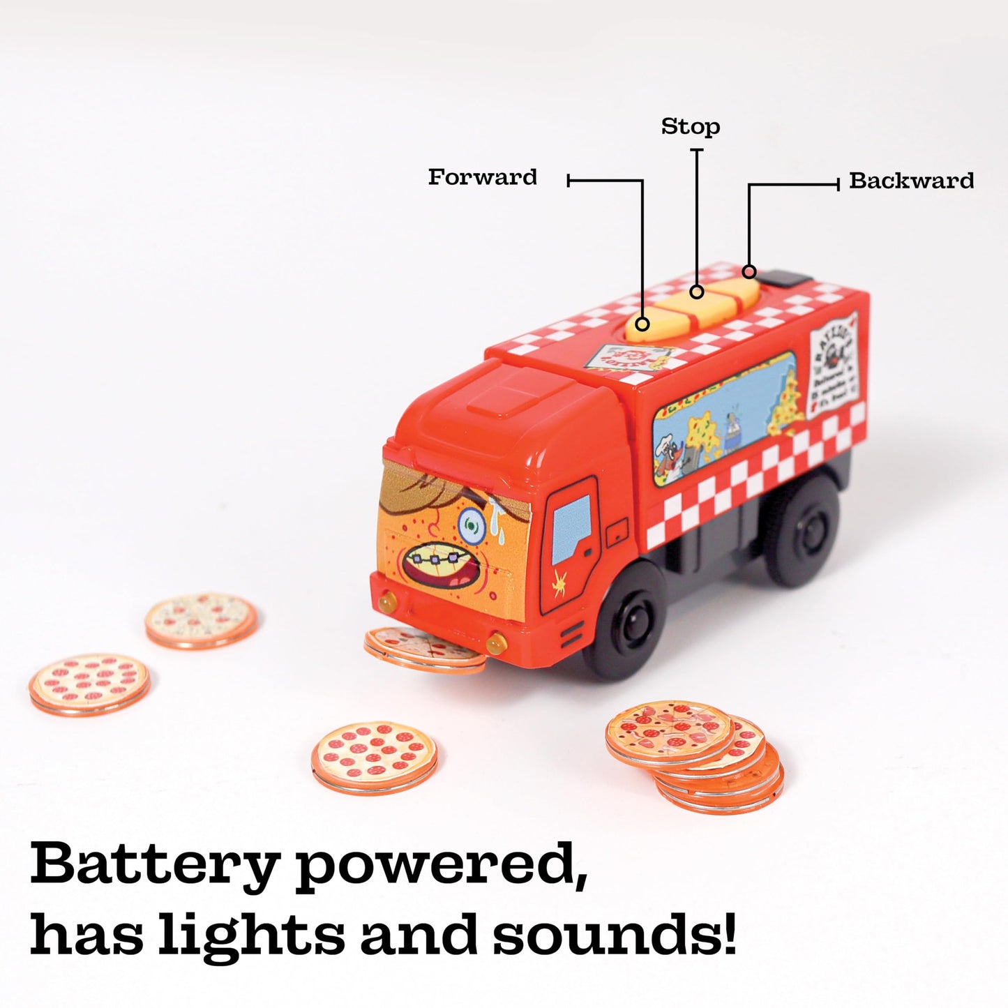Pete-Za Motorized Train for Wooden Track - Pizza Themed Battery Operated Locomotive - Includes Magnetic Pizza Pieces - Electric Powered Engine