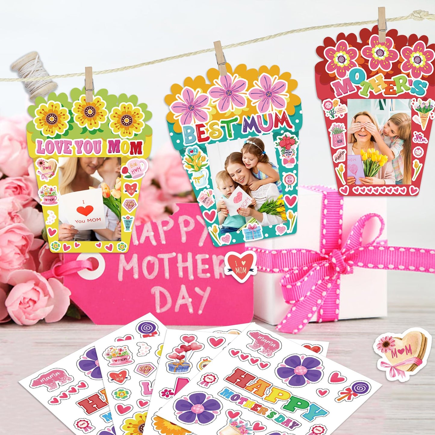 Hayux Mother's Day DIY Craft Kits for Kids 24 Packs DIY Love You Mom Flower Photo Frames Set with Stickers Paper Picture Frames Funny Mother's Day