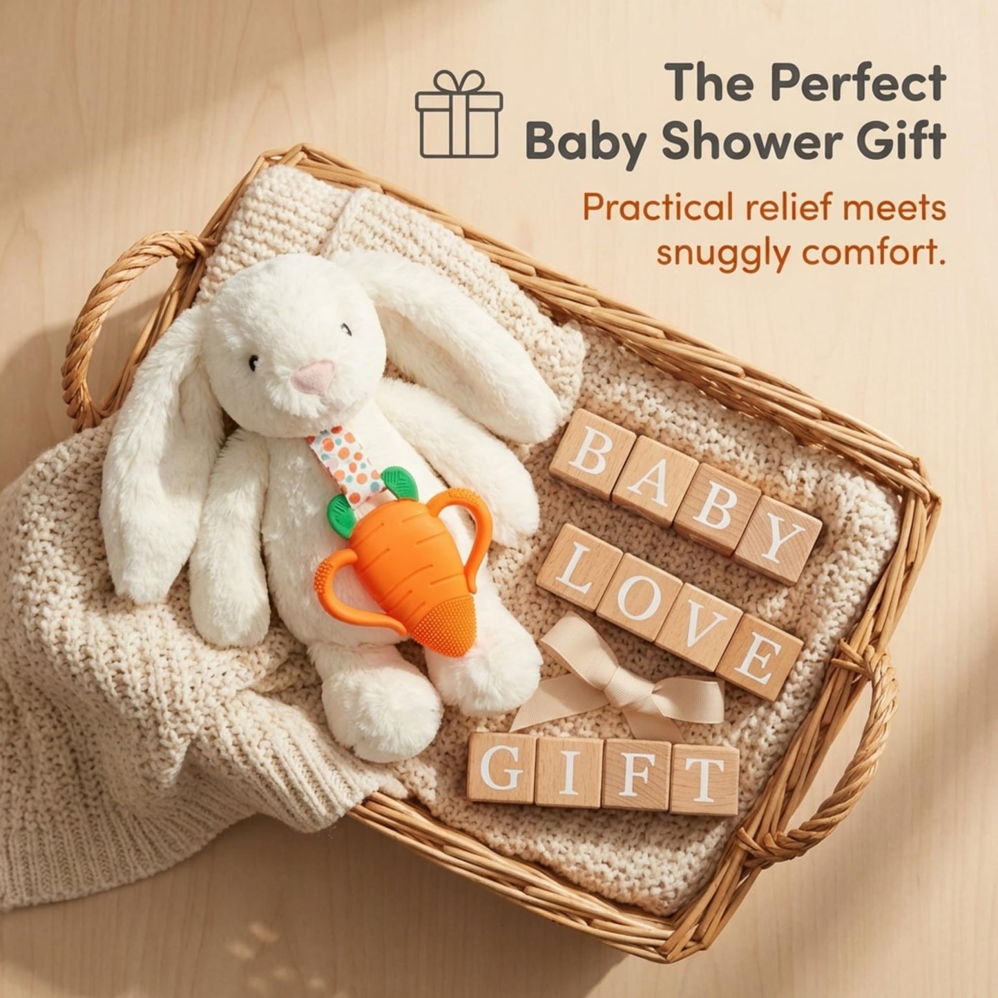 RaZbaby Bunny Snuggly w/Carrot Teething Relief Toy - Soothes Sore Gums w/Nature-Inspired Texture, 100% BPA-Free Silicone Teether, Soft Minky Stuffed