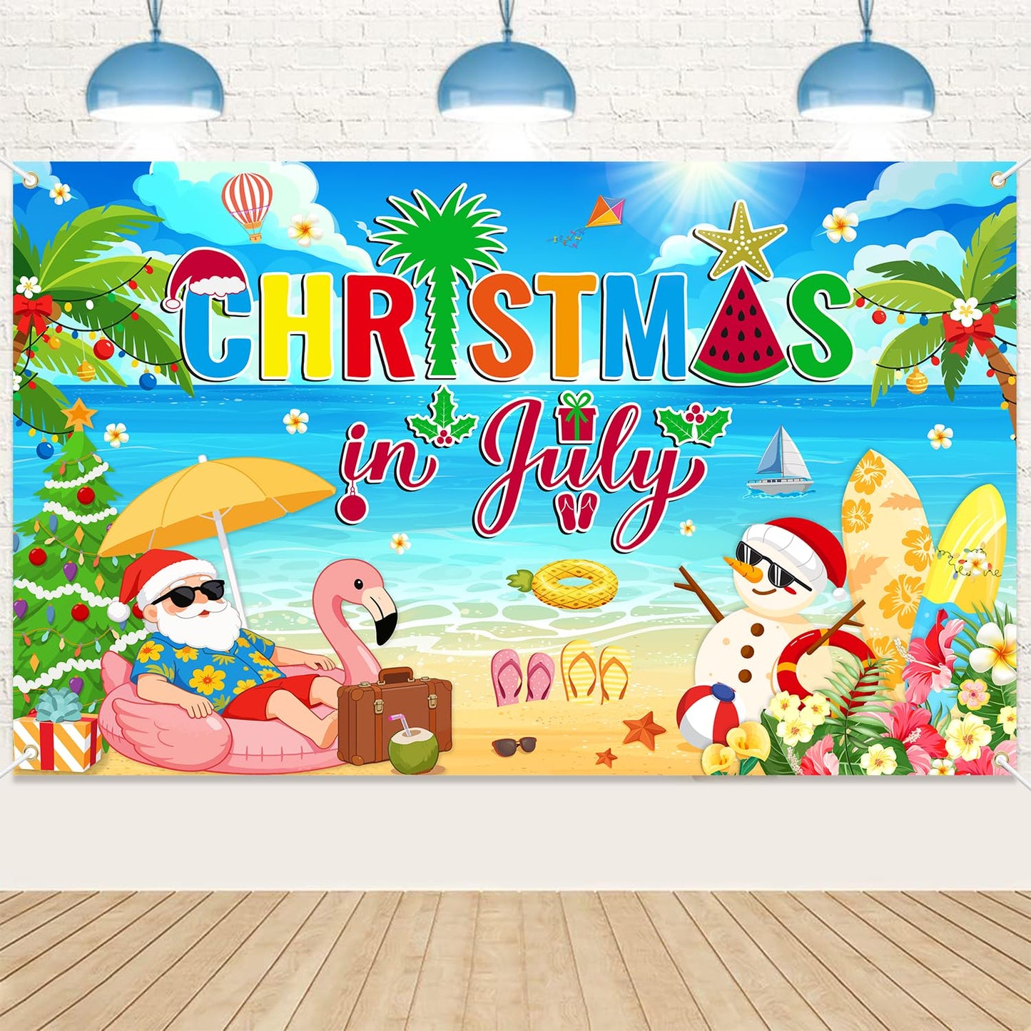 Christmas in July Backdrop 72.8'' x 43.3'', Christmas in July Background Banner Party Decorations with Beach Snowman Santa for Summer Holiday Hawaiian