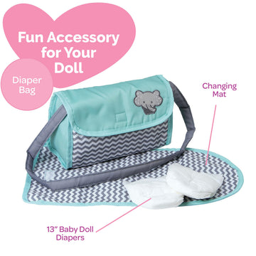 Adora Baby Doll Diaper Bag with Sturdy Straps, Includes Changing Mat and 2 Doll Diapers (Fits 13" Dolls), for Ages 3+ - Zig Zag Print