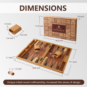 Wood Backgammon Set for Adults - 17 Inch Classic Strategy Board Game Case - Premium Folding Backgammon Set with Wooden Playing Pieces, Dices