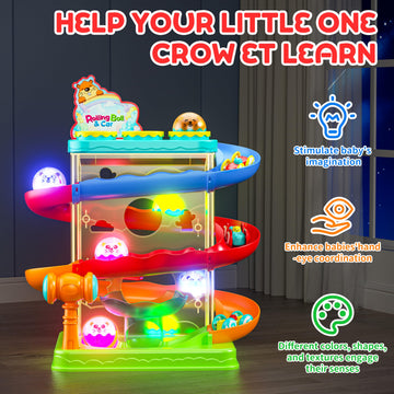 2-in-1 Rolling Ball & Car Ramp Race Track for Toddlers, Hammer Ball Drop Toy for Boys & Girls, Interactive Playset w/Sensor Lights - Montessori STEM