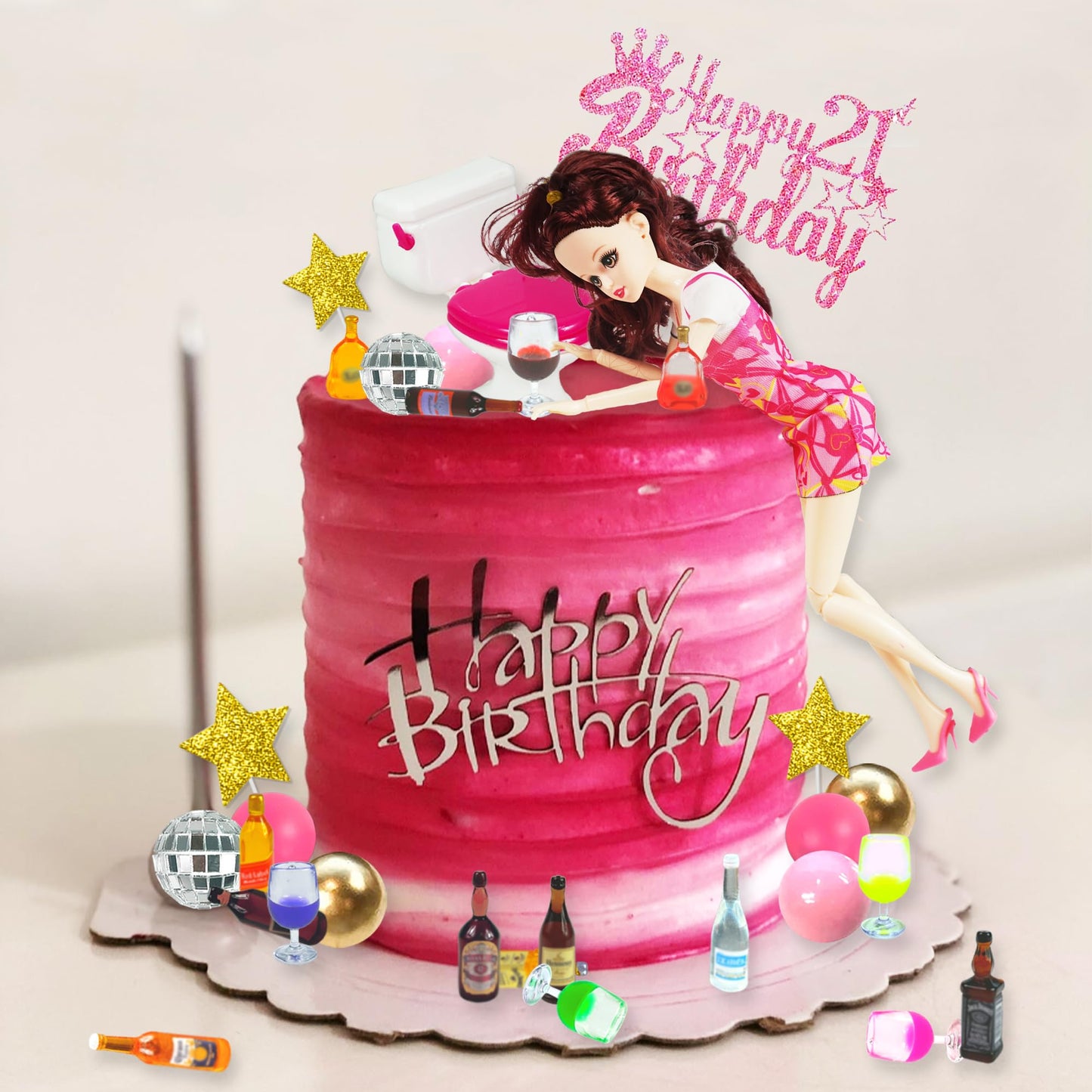 Mini Wine Bottles Cake Toppers With 12 Mini Wine Bottles 5 Mini Wine Glasses 1 Toilet 1 Beauty Doll 1 21st Birthday Cake Topper for Celebrating