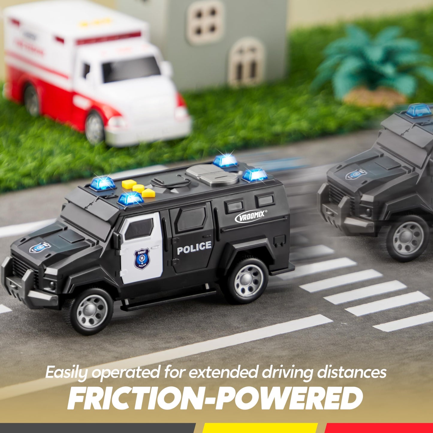 Vroomix JOVA Emergency and School Vehicle Toy Set - Friction Powered Police Car, Ambulance, Bus with Lights and Sounds - Educational and Safe Toy