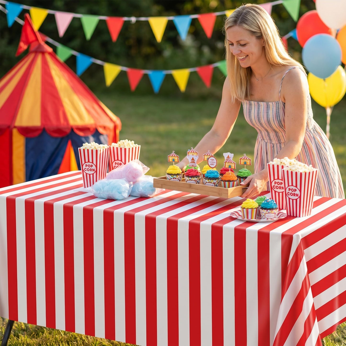 BASHLY 3-Pack Red and White Striped Tablecloths - 86x51 Inch Carnival Table Covers Plastic Disposable Tablecloth for Circus Theme Party, Birthday