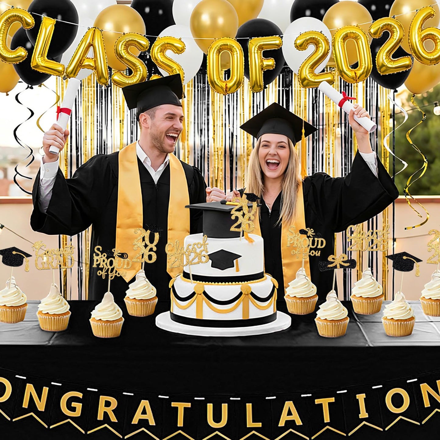 24 Pcs Graduation Cupcake Toppers 2026 - Congrats Grad Decorations Class of 2026, Pre-Assembled Black Gold Grad Cake Topper Centerpieces