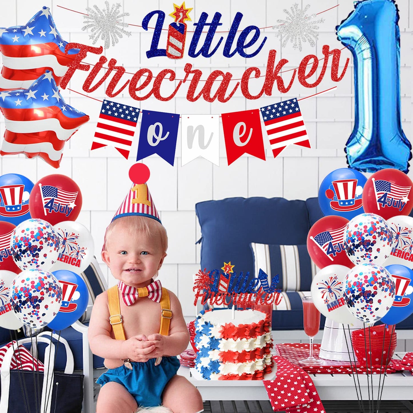 Little Firecracker Birthday Party Decorations 4th of July 1st Birthday Party Supplies Glittery Little Firecracker Banner High chair Banner