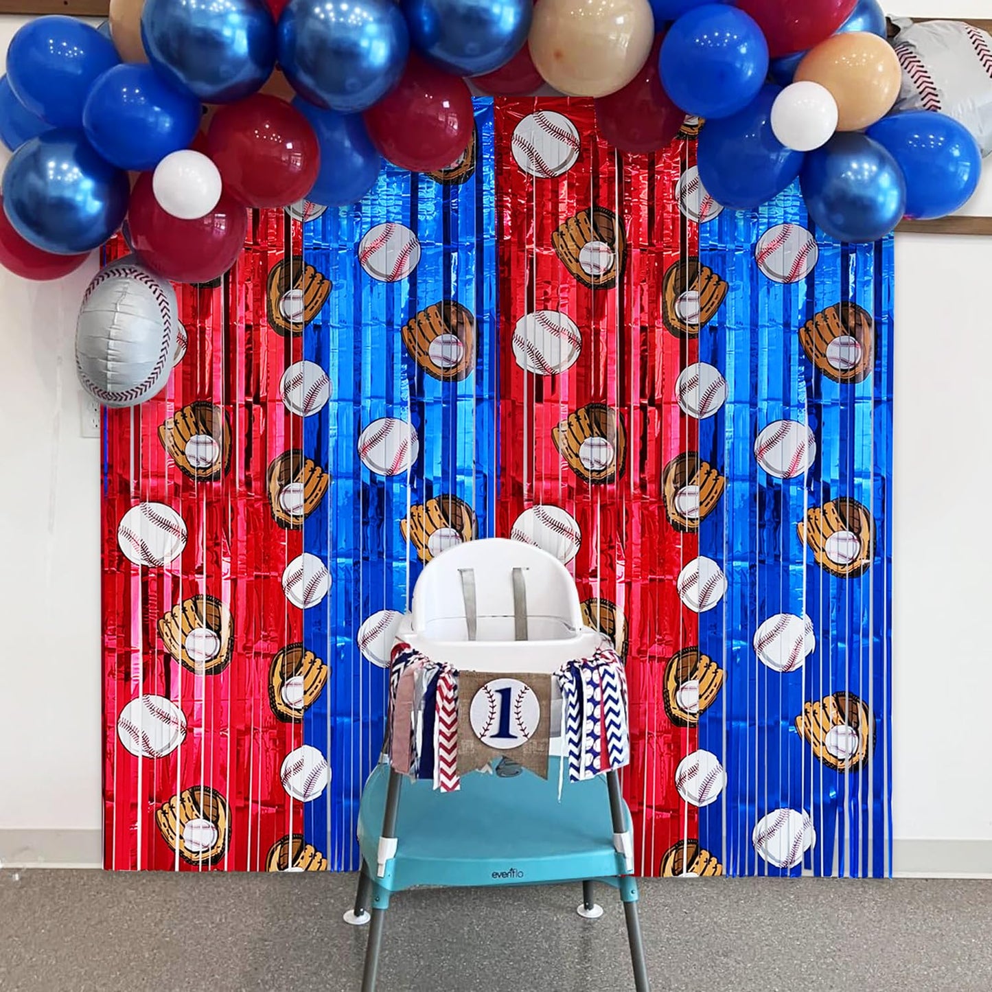 FESTFINDS 2 Pack Baseball Tinsel Foil Fringe Curtains Backdrop Party Decorations, Blue and White Red Door Streamers Banner Sports Themed Birthday