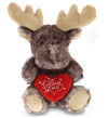 DolliBu I Love You Valentine Plush Brownish Sitting Moose - Cute Soft Cuddly Stuffed Animal with Red Heart Gift for Valentines Day, Birthday Present