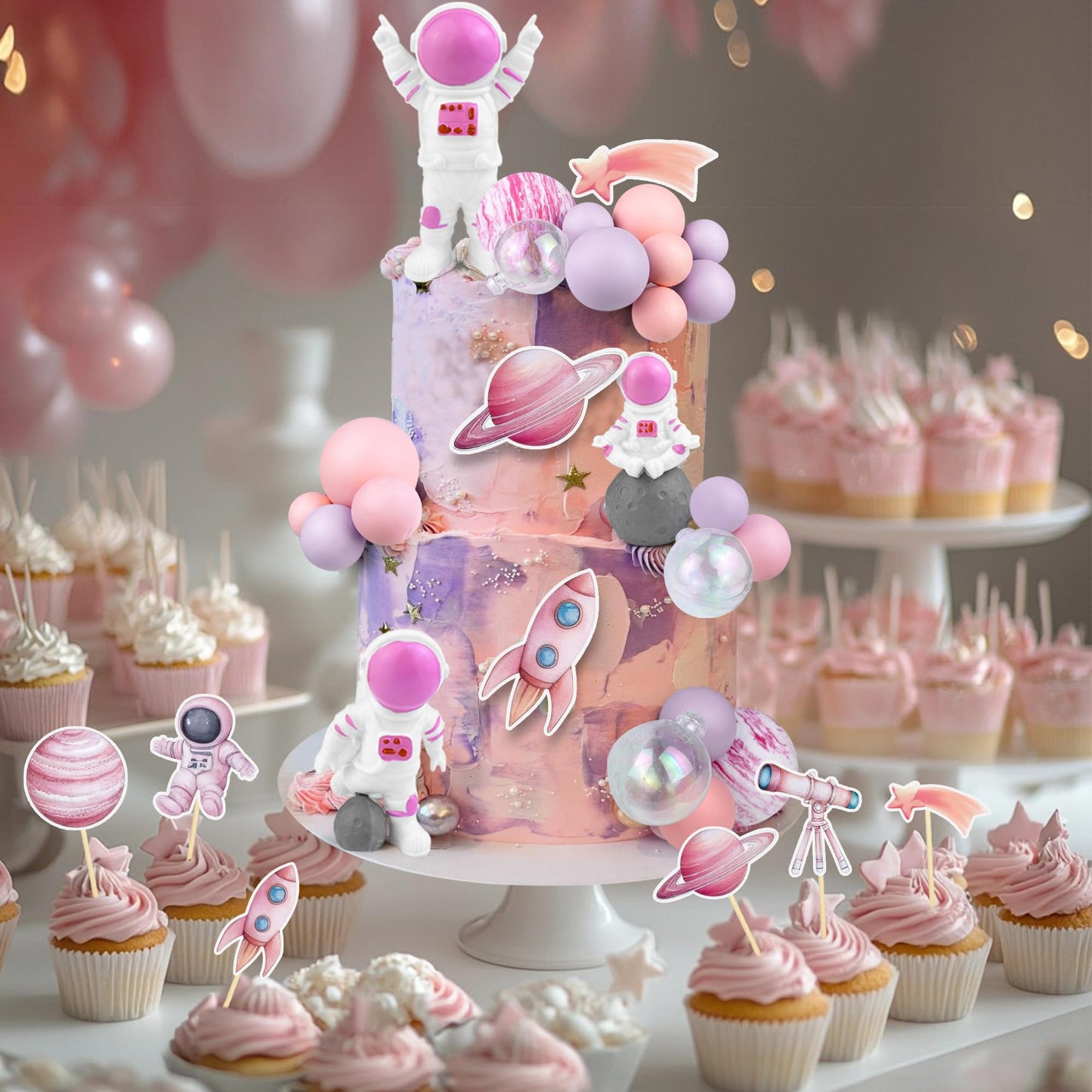 27 PCS Pink Space Cake Toppers Astronaut Figurines Outer Space Astronaut Planet and Rocket DIY Cake Topper for Birthday Party Baby Shower Supplies