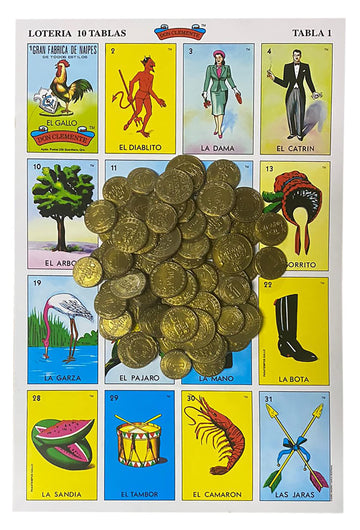 Loteria Mexicana Tradicional Jumbo Don Clemente para 10 Jugadores con 100 Monedas - Jumbo Size Mexican Bingo Set with 100 Counting Chips Plastic Coins