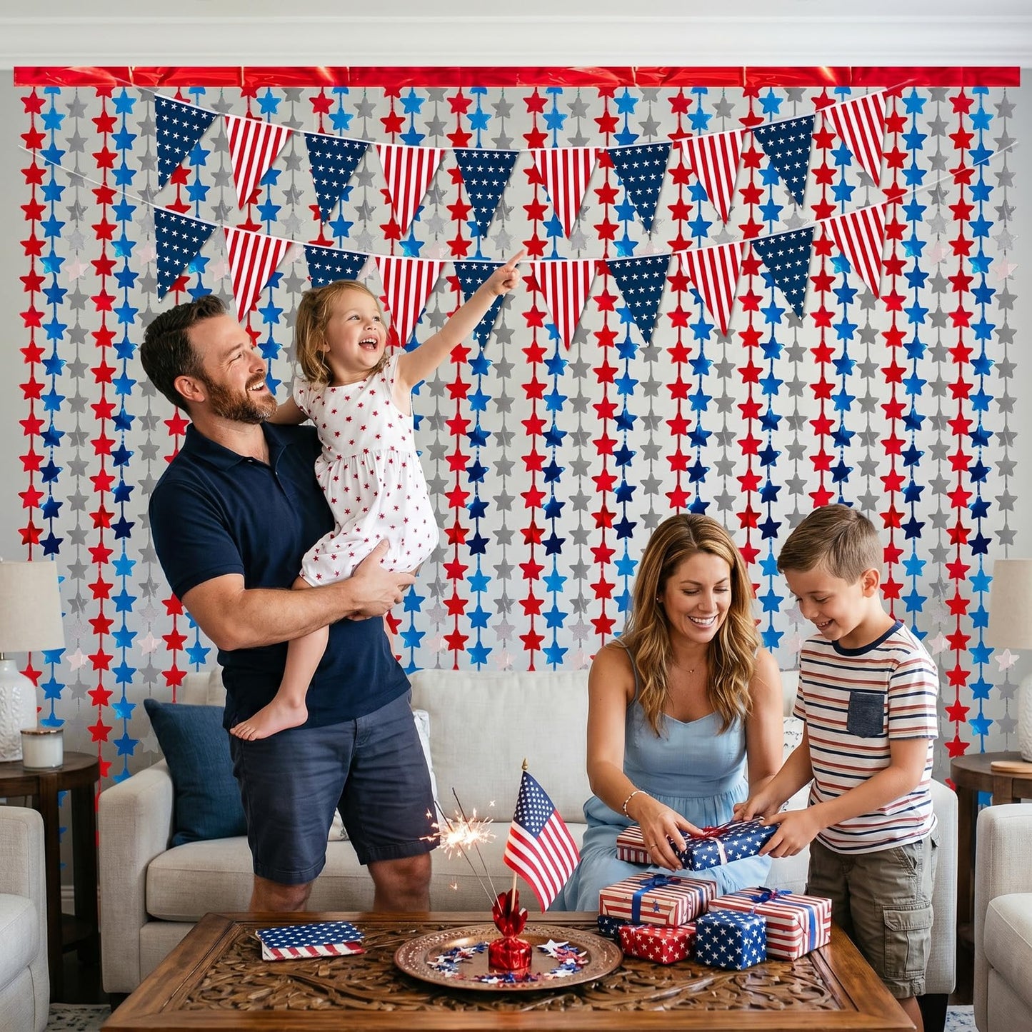 4 Pack Red White Blue Star Party Decoration Set, 2 Pack 3.3ft x 6.6 ft Star Foil Fringe Tinsel Streamer Curtain Backdrop + 2 USA Flag Pennant Banner