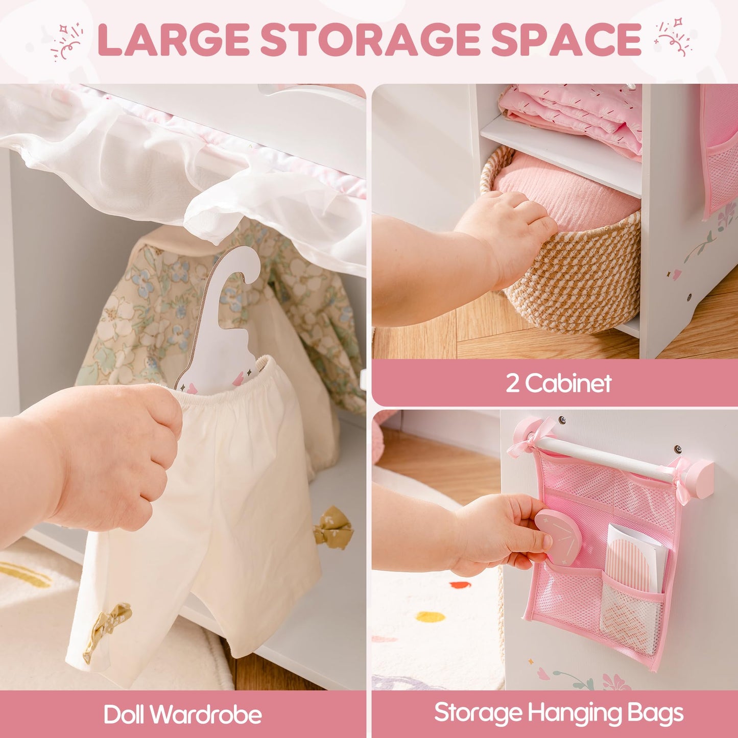 ROBOTIME Baby Doll Crib - Wooden Baby Doll Changing Table with Storage - Bedding & Hooks, Fits 18-21" Dolls, Doll Bed Playset for Girls Ages 3+