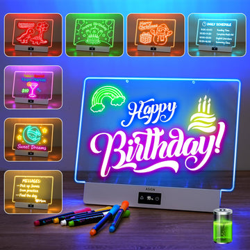 Rechargeable LED Drawing Board, 16.6 Inches Lumiboard, 8 Colors & 3 Modes, LED Note Board with Build in Stand, Includes 7 Markers & 1 Hanging Chain