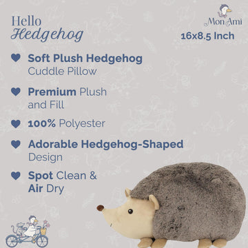 MON AMI Hedgehog Shaped Decor Pillow - 16x8.5”, Stuffed Animal Toy Plushie, Plush Decorative Cushion for Child’s Nursery, Bed or Couch,Cute Room Décor