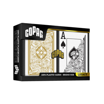 Copag Legacy Design 100% Plastic Playing Cards, Bridge Size (Narrow) Jumbo Index Black/Gold Double Deck Set