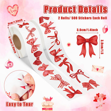 DSjuedui Red Watercolor Bow Stickers - 1000Pcs Vintage Coquette Red Bow Aesthetic Stickers for Girls, Cute Watercolor Bowknot Decals for Valentines
