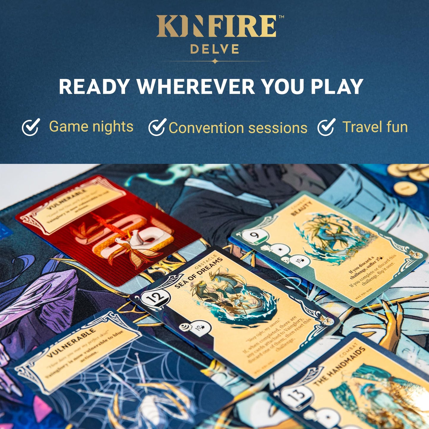 Incredible Dream Kinfire Delve Official Playmat - 12x20’’ Neoprene Game Mat with Stitched Edges - Organize Your Well Deck, Health Tracker,