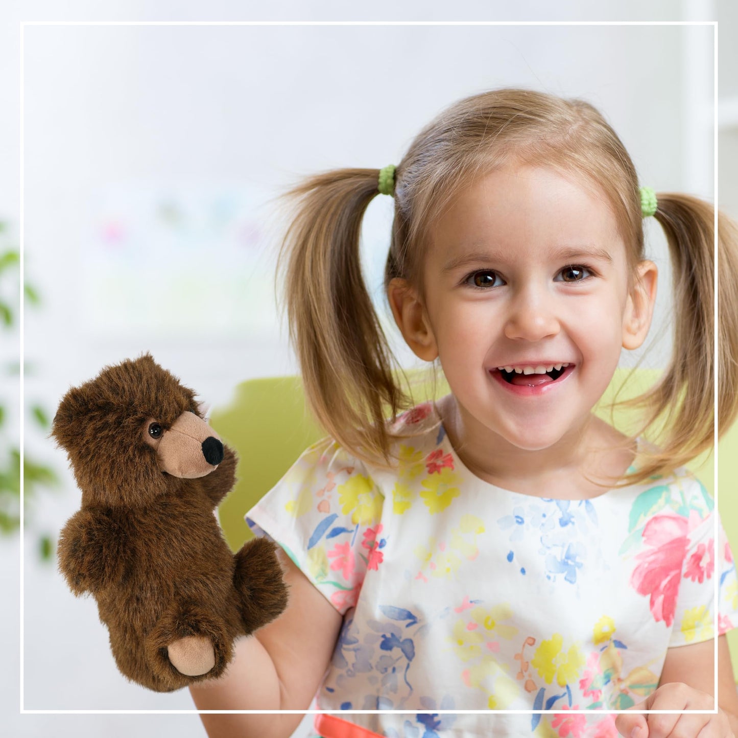 DolliBu Brown Bear Plush Hand Puppet - Super Soft Stuffed Animal Brown Bear Puppet Toy for Kids, Educational Cute Plush Puppets for Teaching, Games