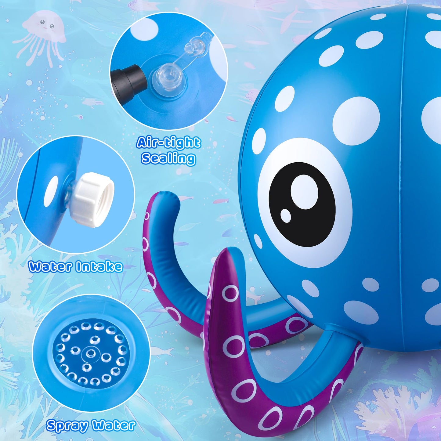 Sprinkler for Kids Inflatable Octopus Water Toys with 6 Rings, Summer Outdoor Toys Backyard Water Spray Sprinkler Fun Pool Toys for 3 4 5 6 Years