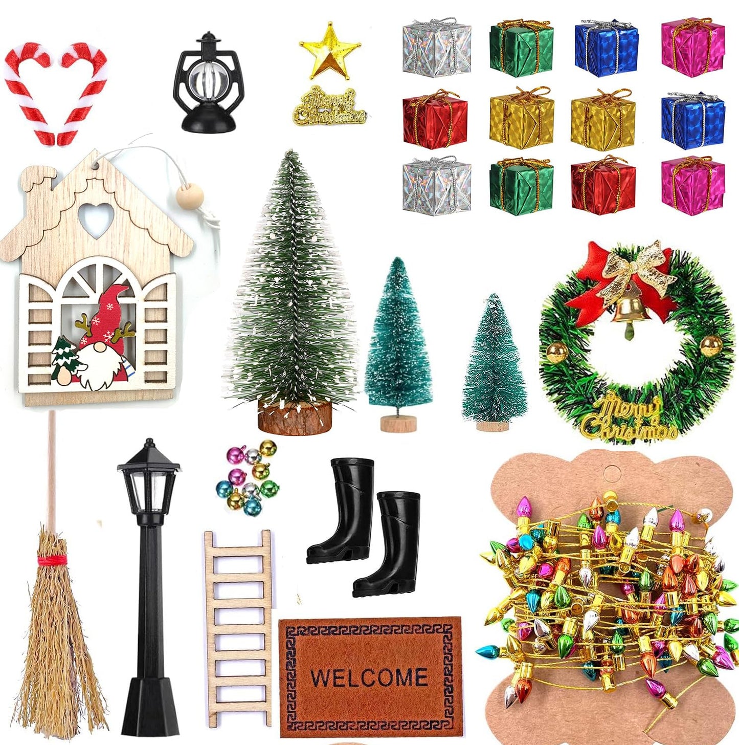 39 Pcs Doll House Decoration Miniatures Dollhouse Accessories Small Scene Model Light Mini Tree Gift Boxes Fake Light Door Miniature Scene Model