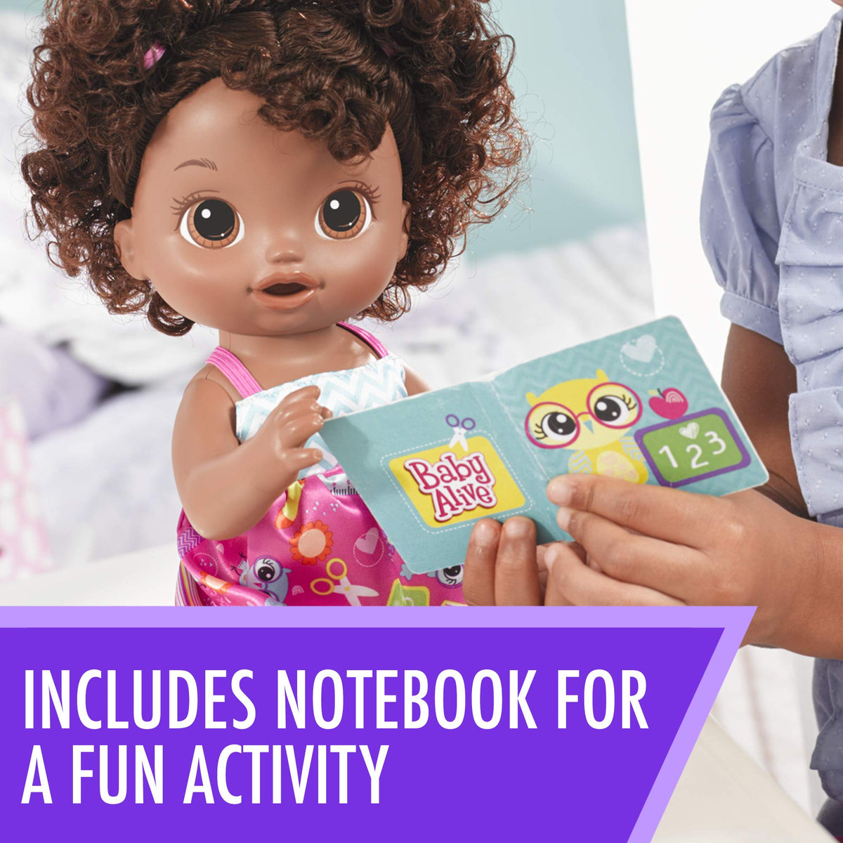BABY ALIVE READY FOR SCHOOL BABY: Baby Doll with Black Curly Hair, School-Themed Dress, Doll Accessories Include Notebook & Brush, Doll For 3-Year-Old