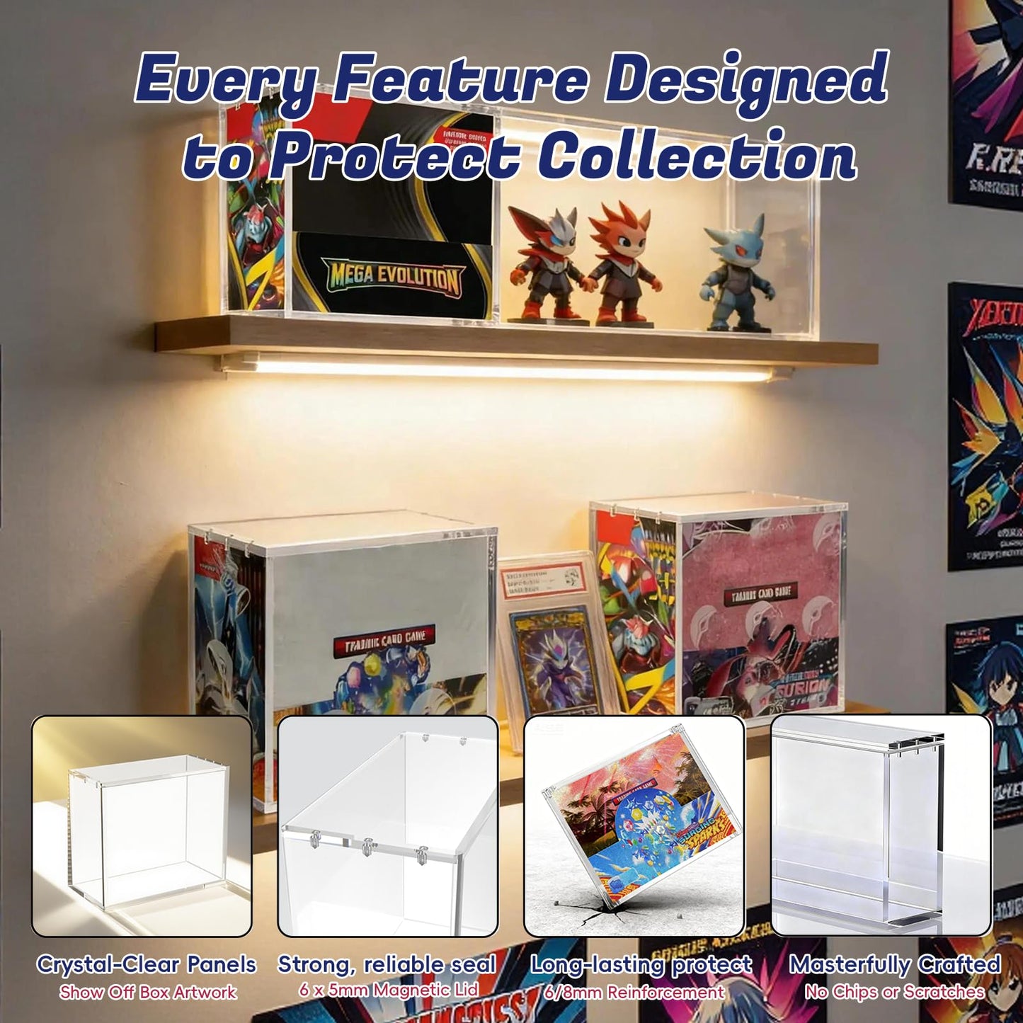 Booster Box Acrylic Case 3 Pack - Magnetic Lid Clear Display Protector, 8MM Thick Acrylic Protective UV Resistant Storage Compatible with PKMN Booster
