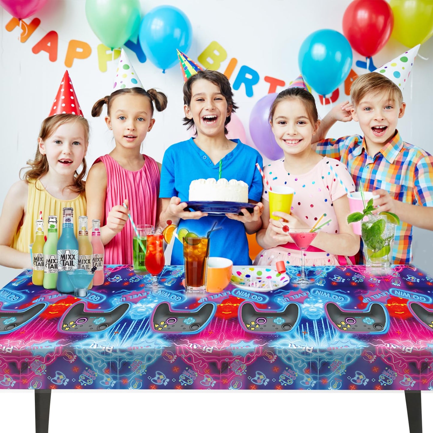 Idealmuzik 3pcs Video Game Tablecloth, Game Theme Birthday Decorations Supplies, Plastic Tablecloth, Rectangular Racetrack Tablecloth, Gamer
