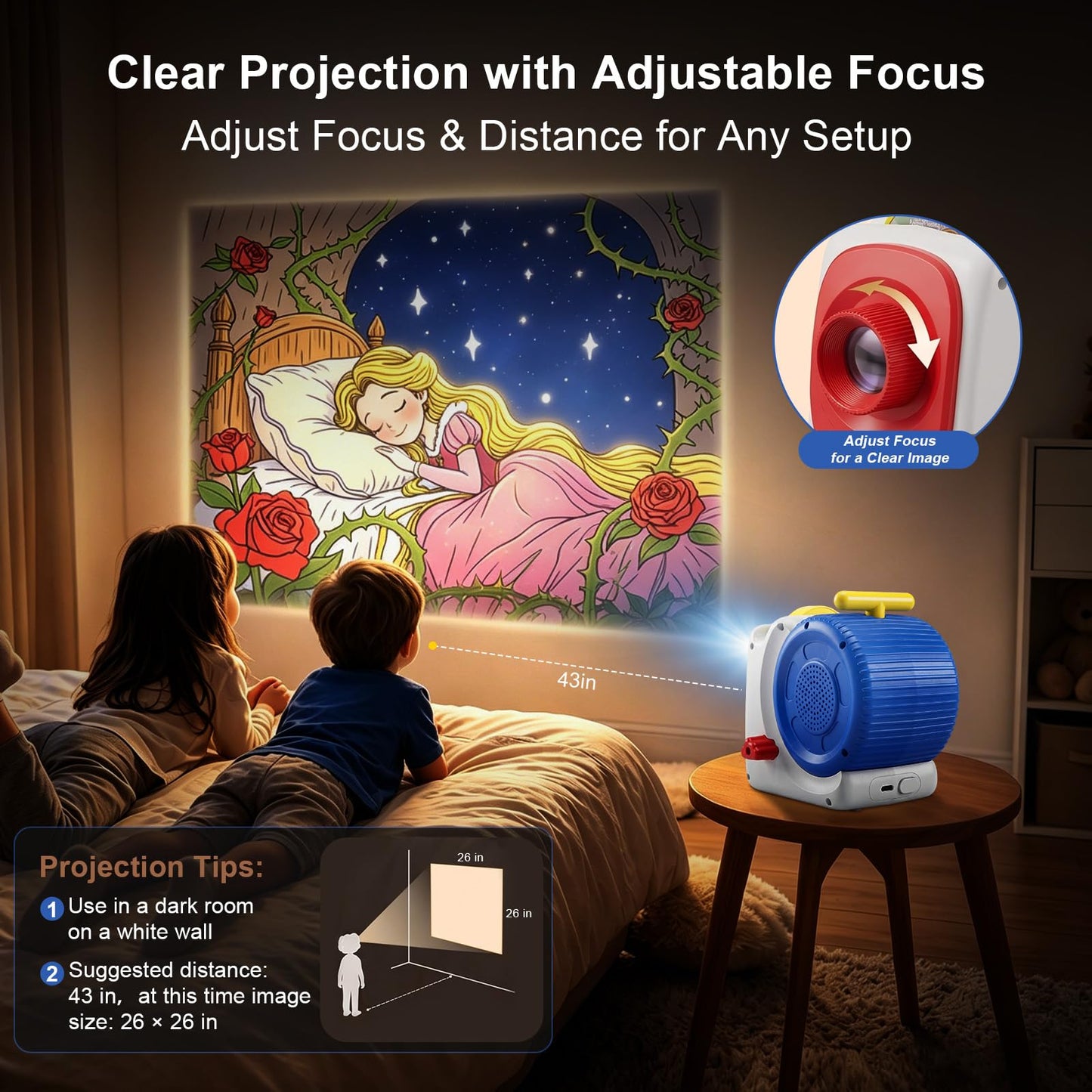 Story Projector for Kids, Bedtime Projector Machine with Voice Narration, 6 Fairy Tales Slides, Adjustable Focus, Night Light, Toy Gift for Toddlers