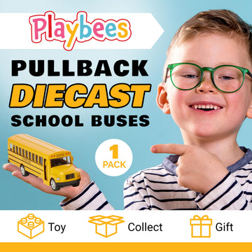 Playbees Long-Nose School Bus Die Cast Metal Model Toy Car 6 Inches with Pullback Action Durable Pull Back Car Door Opening & Closing Realistic School