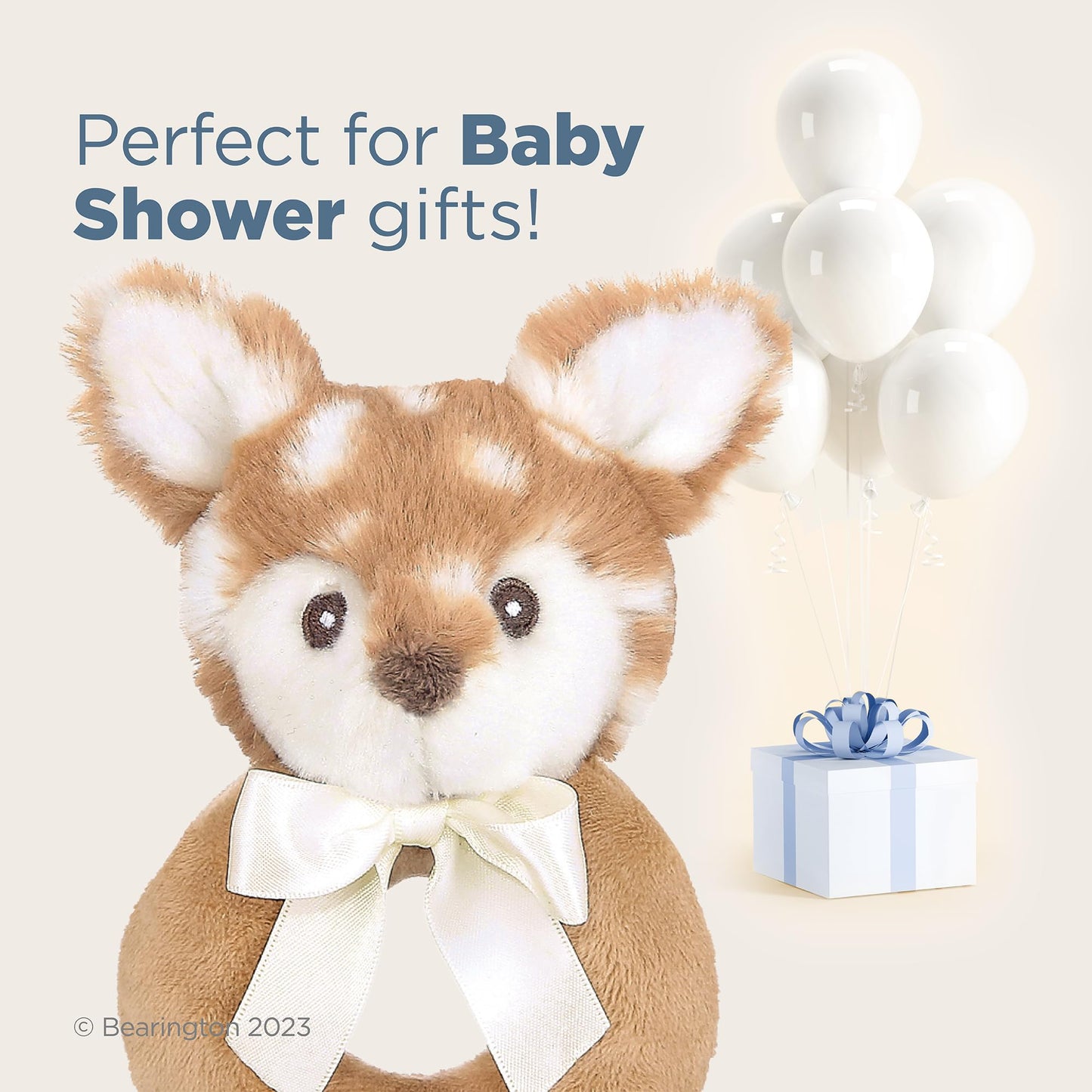 Bearington Collection Baby Lil’ Willow, 5.5 Inch Fawn Plush Stuffed Animal, Soft Baby Rattles and Plush Rings - Toys for Babies