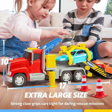 JOVA Vroomix Kids Tow Truck Toys for 3 4 5 6 7 Years Old Boys, Toddler Car Toys, Large Truck with 2 Transformation Cars and Trailer, Crane with Lights