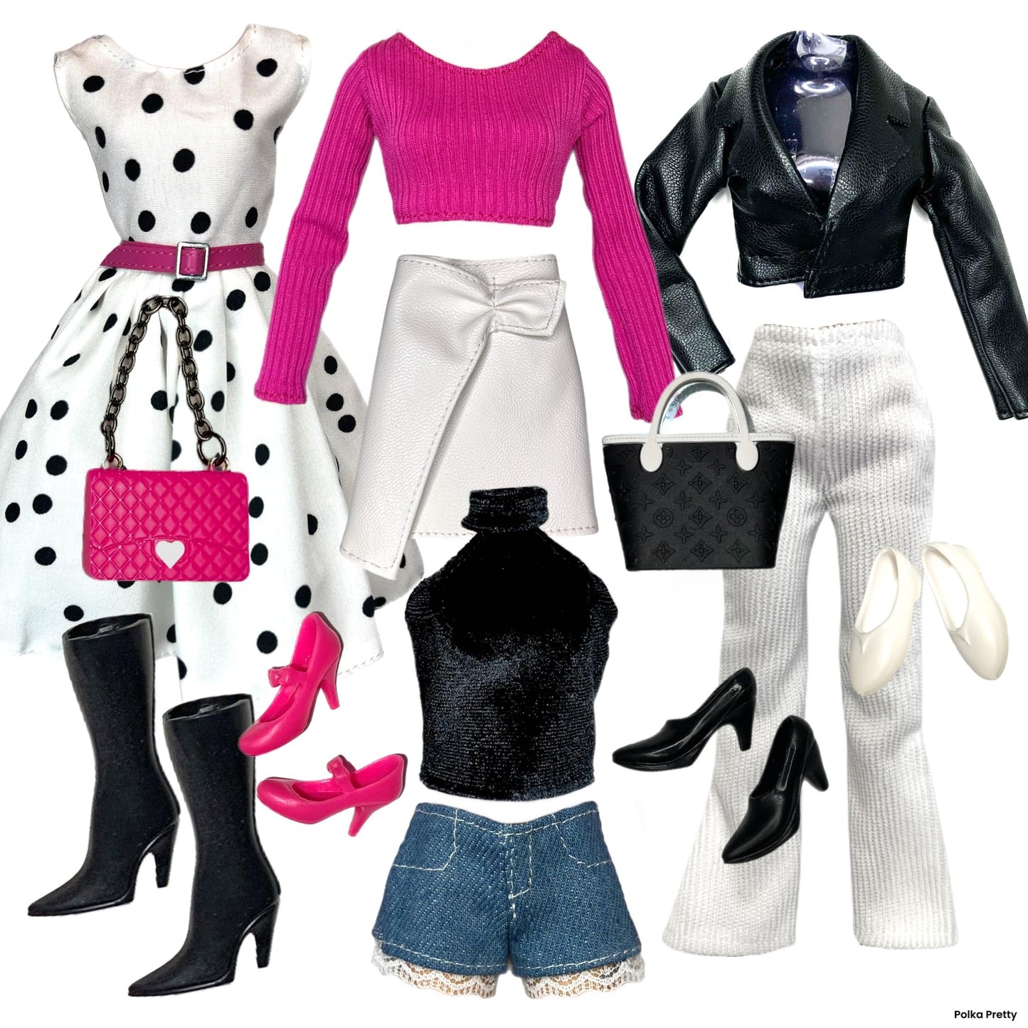 Eledoll Clothes Fashion Pack for 12 inch Fashion Doll Polka Pretty White Pink Black Set
