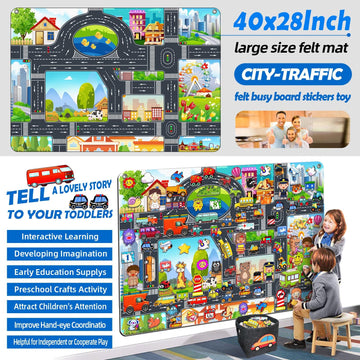 200 PCS Felt Board Story Set for Toddlers with Storage Bag City Car Traffic Themed 40 X 28 inch Teaching Wall Flannel Board Kit for Preschool Activity