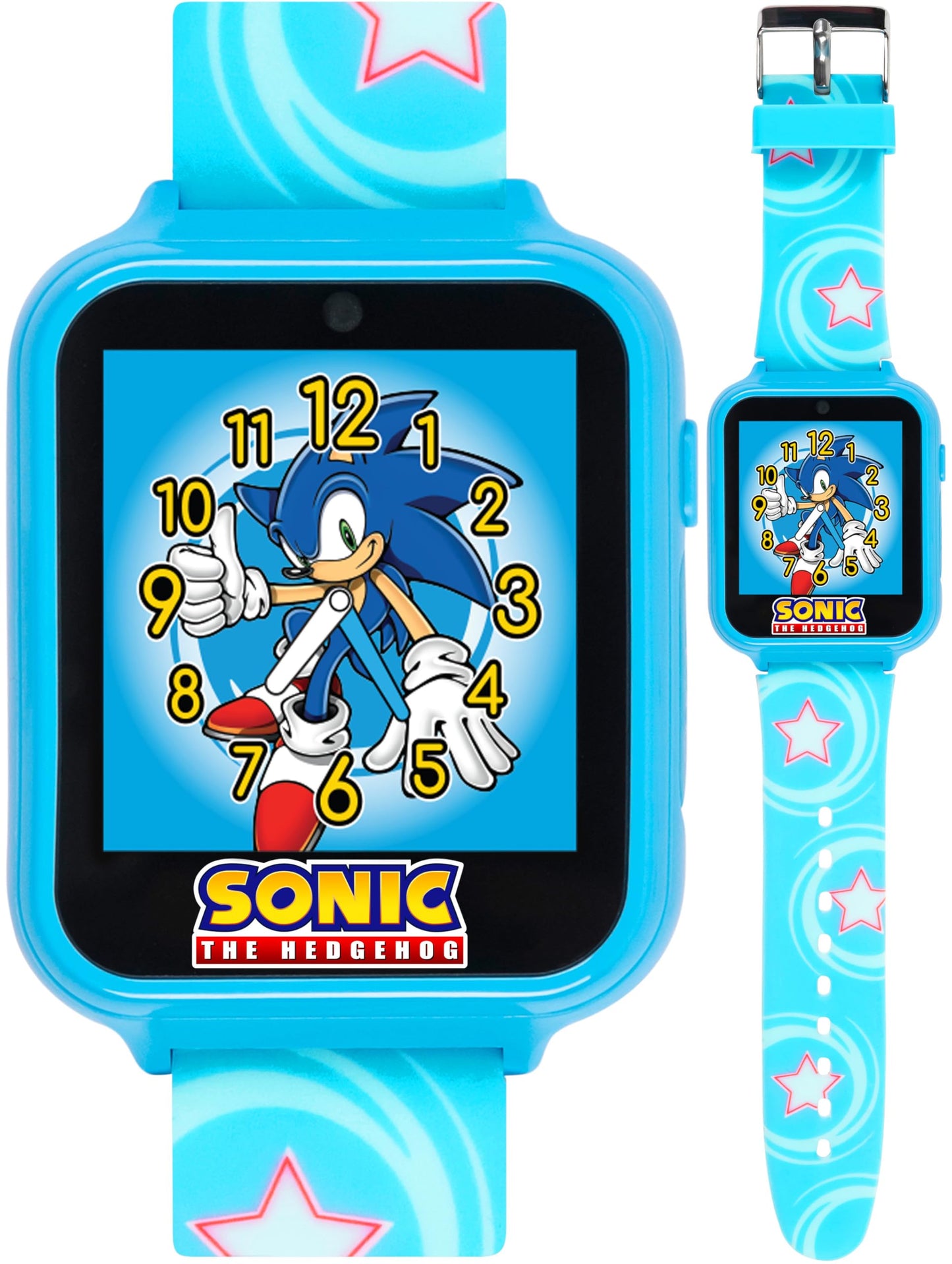 Accutime Kids SEGA Sonic The Hedgehog Blue Educational Touchscreen Smart Watch Toy for Boys, Girls, Toddlers - Selfie Cam, Learning Games, Alarm