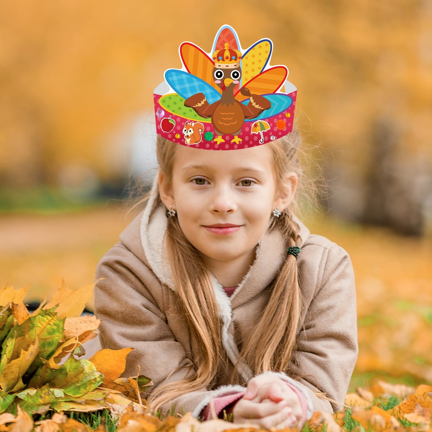 EUVBOKW 24 Pack Thanksgiving DIY Turkey Headband Craft Kit-Create Your Own Fall Paper Crown Hats , Gems,Googly Eyes for Party and Holiday Activity