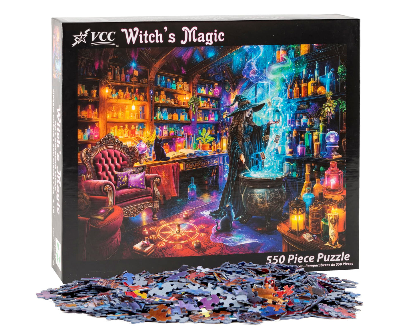 Witch's Magic Halloween Jigsaw Puzzle 550 Piece by Vermont Christmas Company - Fully Interlocking & Randomly Shaped Pieces - 24" x 18" - Family