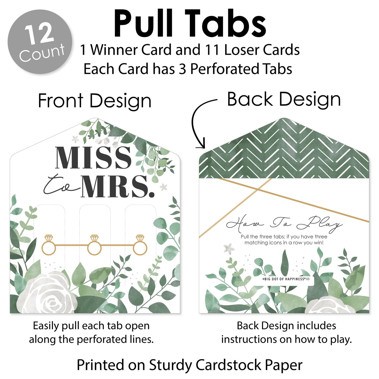 Big Dot of Happiness Boho Botanical Bride - Greenery Bridal Shower and Wedding Party Game Pickle Cards - Pull Tabs 3-in-a-Row - Set of 12