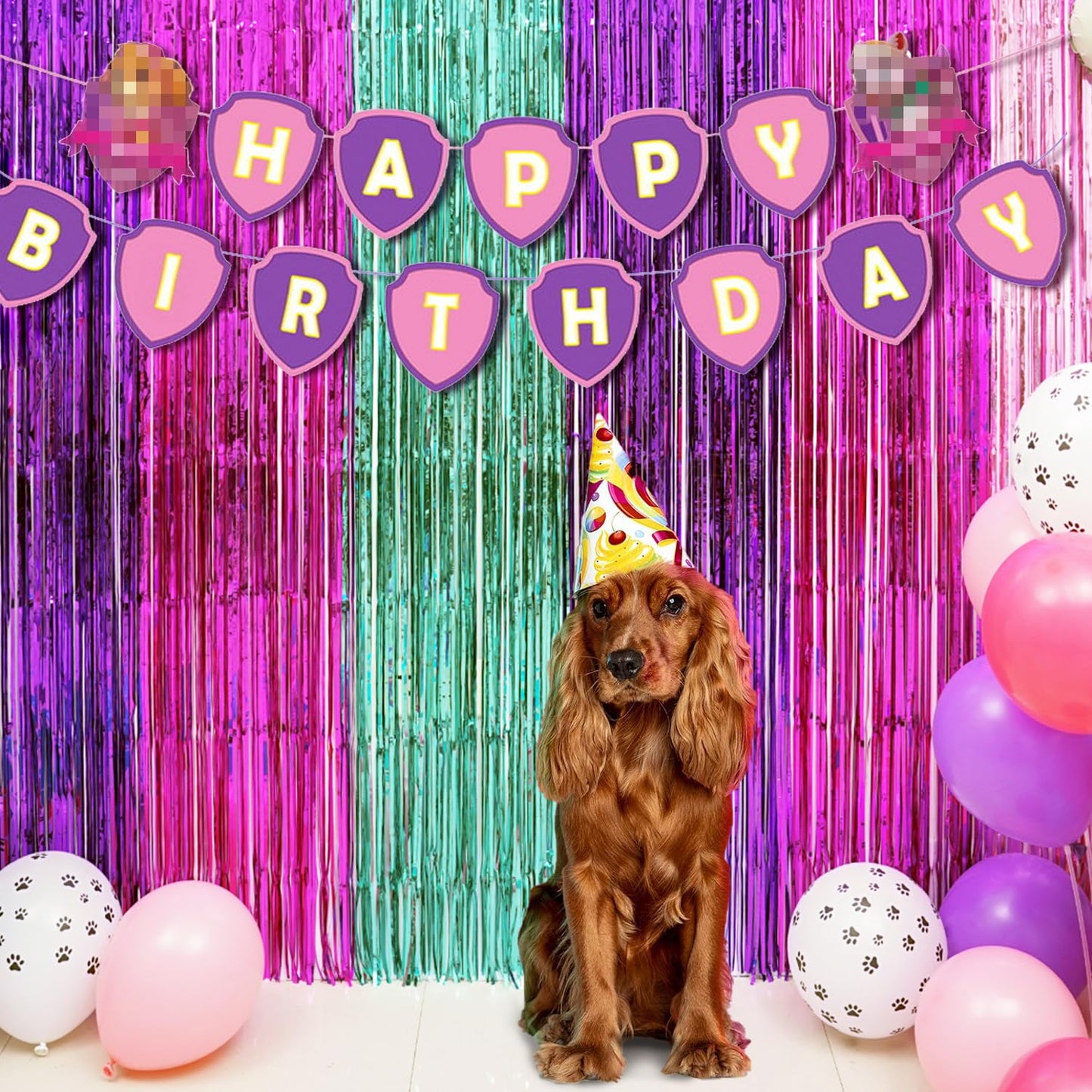 Pink Paw Puppy Patrol Birthday Decorations for Girls, 2 Pack Pinky Paw Party Photo Booth Prop, Purple Pink Teal Fringe Curtains Photo Streamers