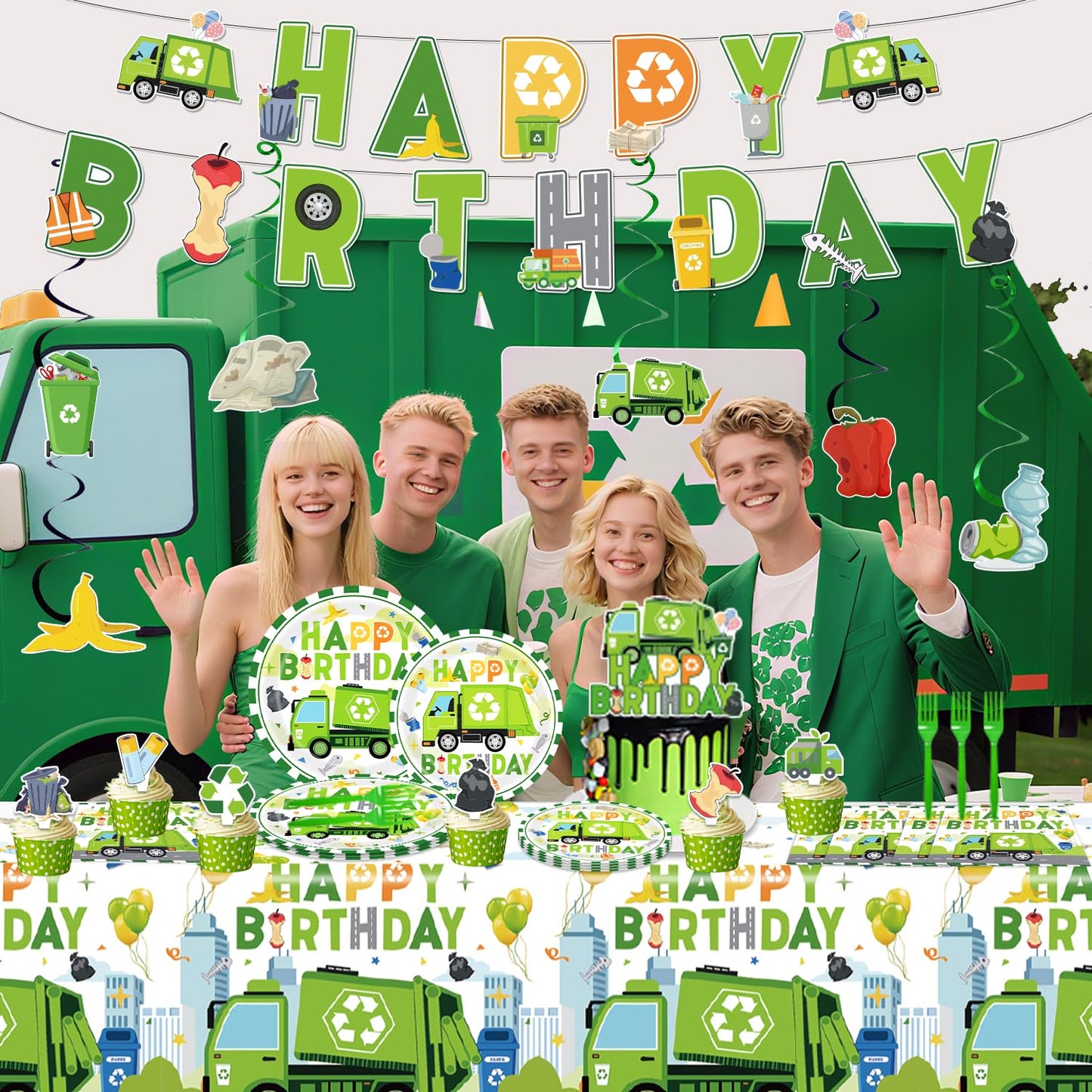 Diosnase Trash Truck Birthday Decorations, Garbage Truck Party Supplies for 20 Guests with Banner, Hanging Swirls, Tablecloths, Plates, Napkins